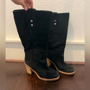 UGG Black Suede fleece lined Knee-High Heeled Boots